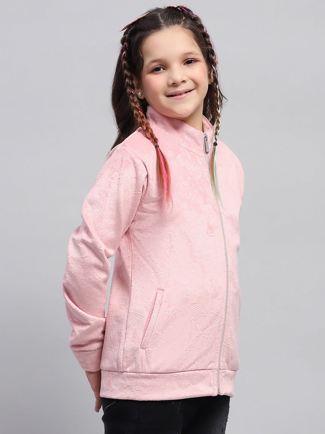 Girls Pink Self Design Mock Neck Full Sleeve Sweatshirt