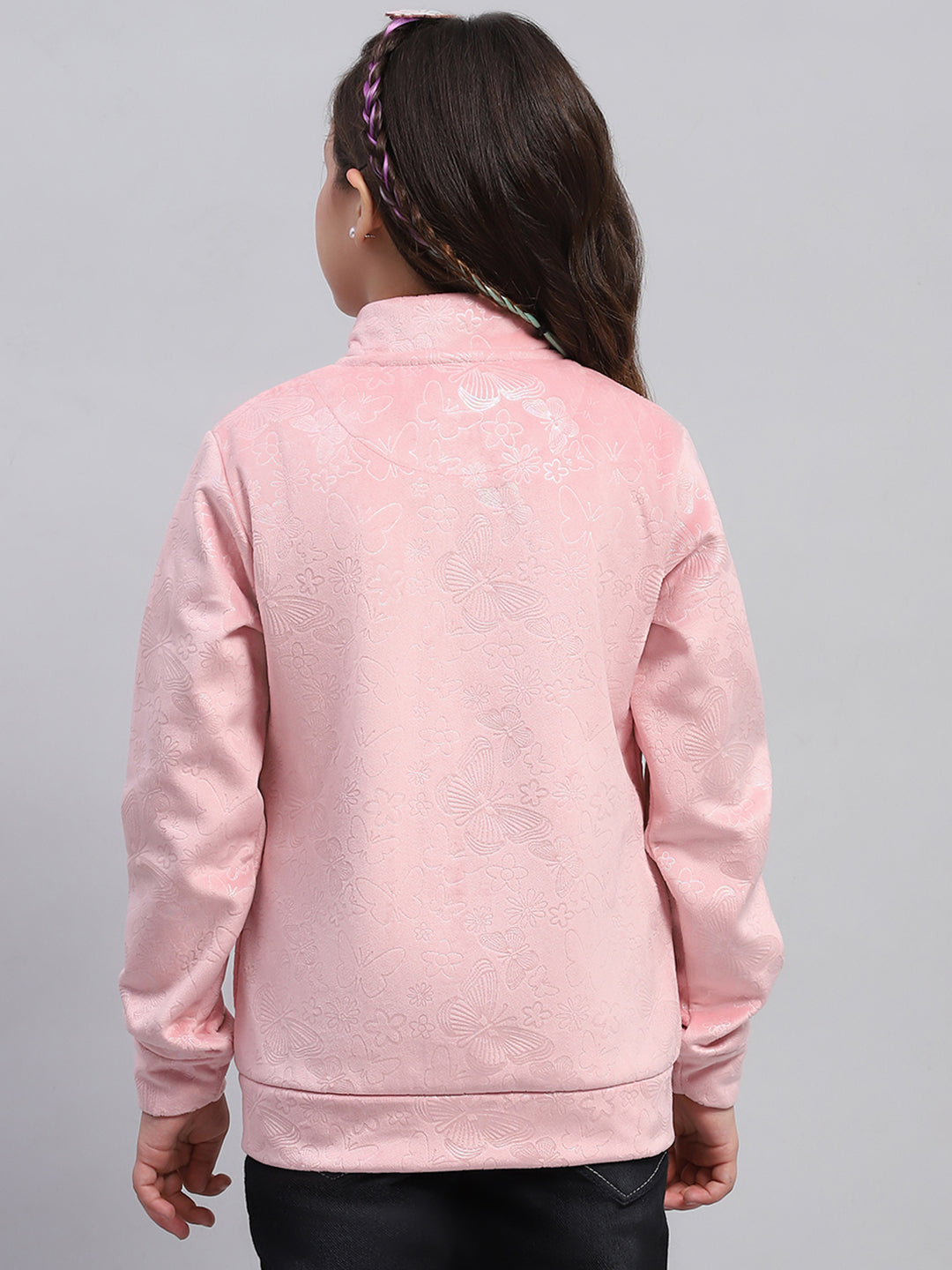 Girls Pink Self Design Mock Neck Full Sleeve Sweatshirt