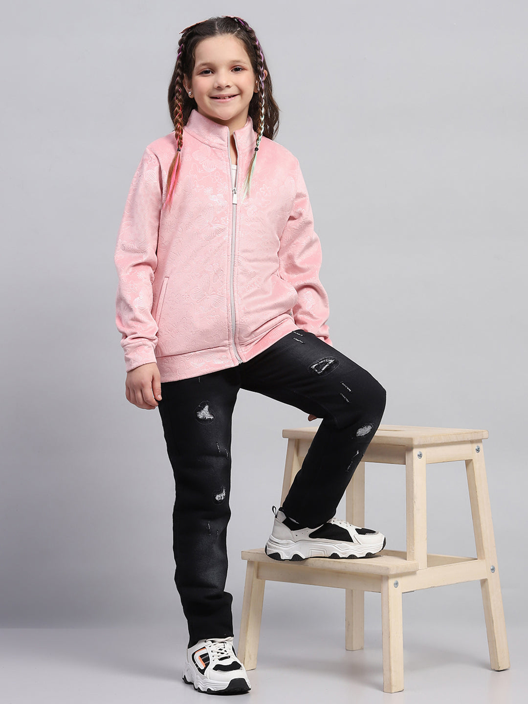 Girls Pink Self Design Mock Neck Full Sleeve Sweatshirt