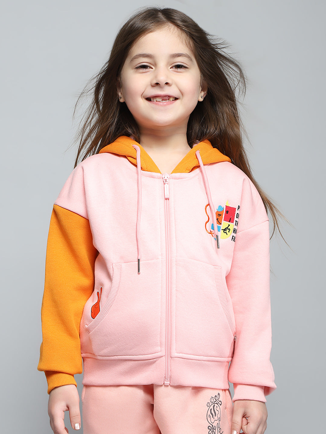 Girls Peach Printed Hooded Full Sleeve Sweatshirt