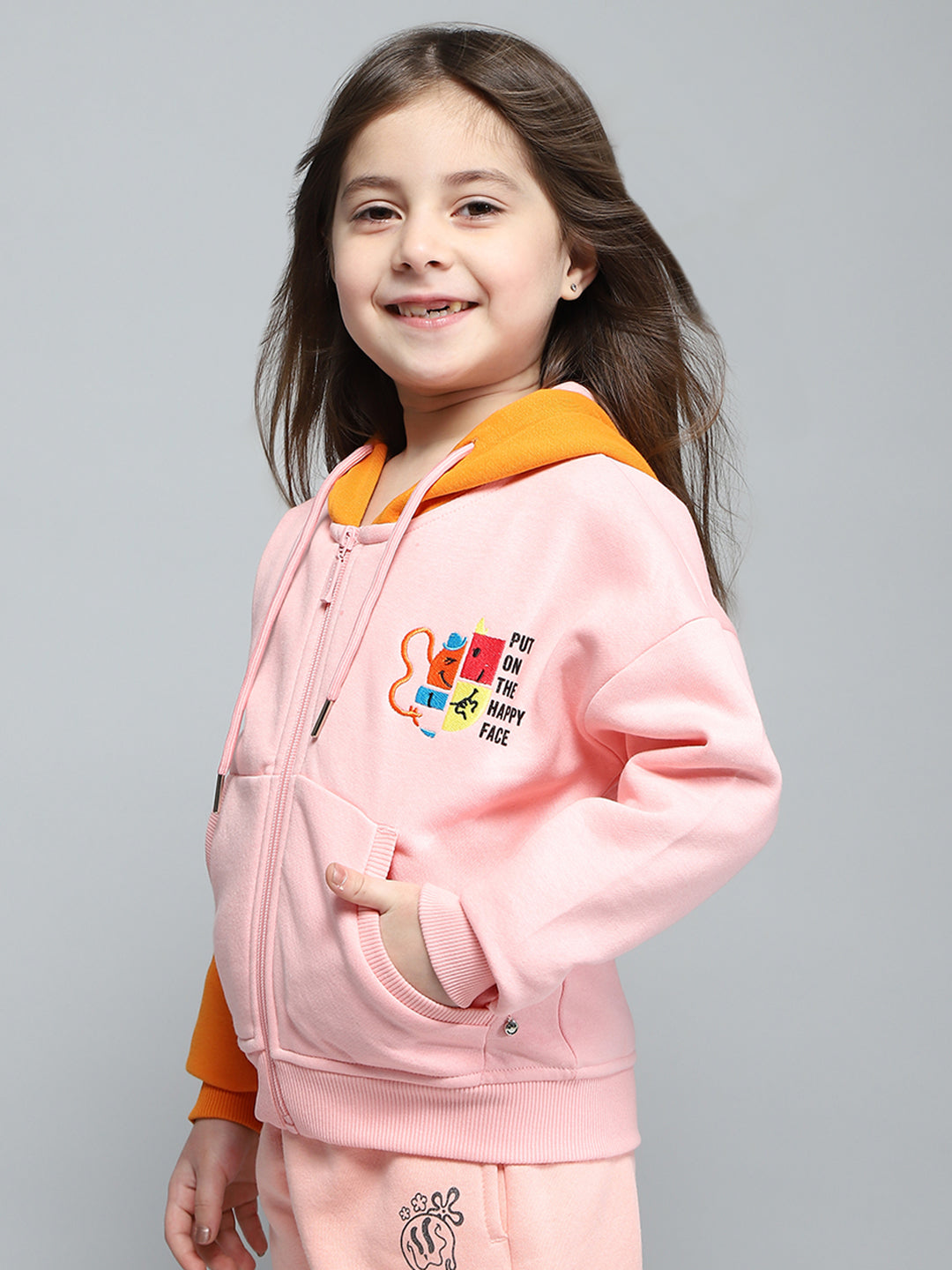 Girls Peach Printed Hooded Full Sleeve Sweatshirt