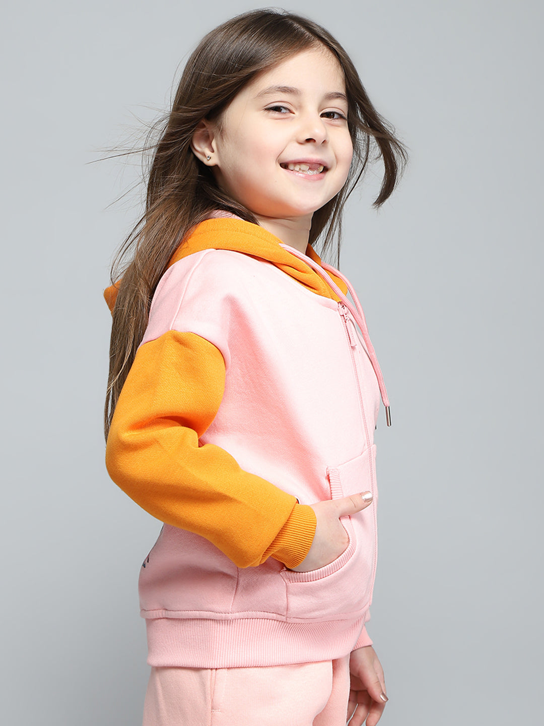 Girls Peach Printed Hooded Full Sleeve Sweatshirt