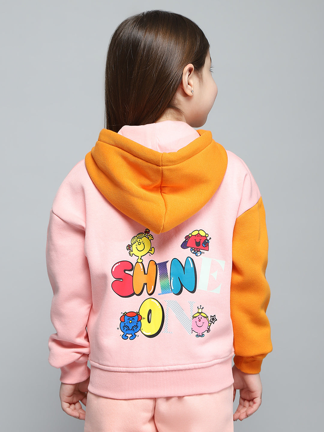 Girls Peach Printed Hooded Full Sleeve Sweatshirt