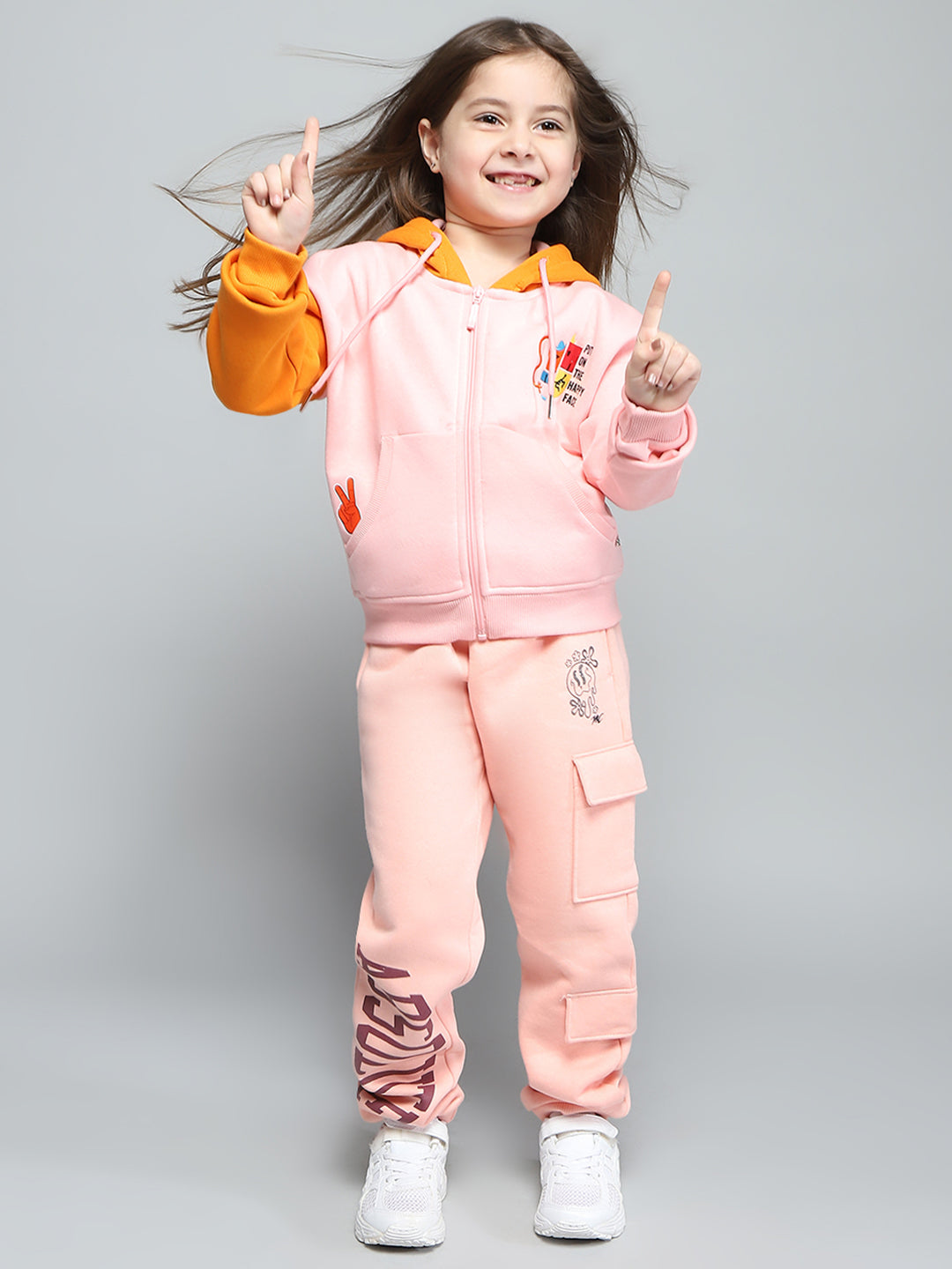 Girls Peach Printed Hooded Full Sleeve Sweatshirt
