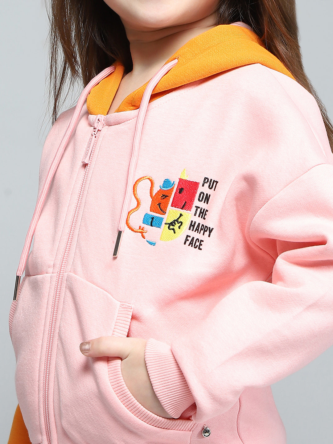 Girls Peach Printed Hooded Full Sleeve Sweatshirt