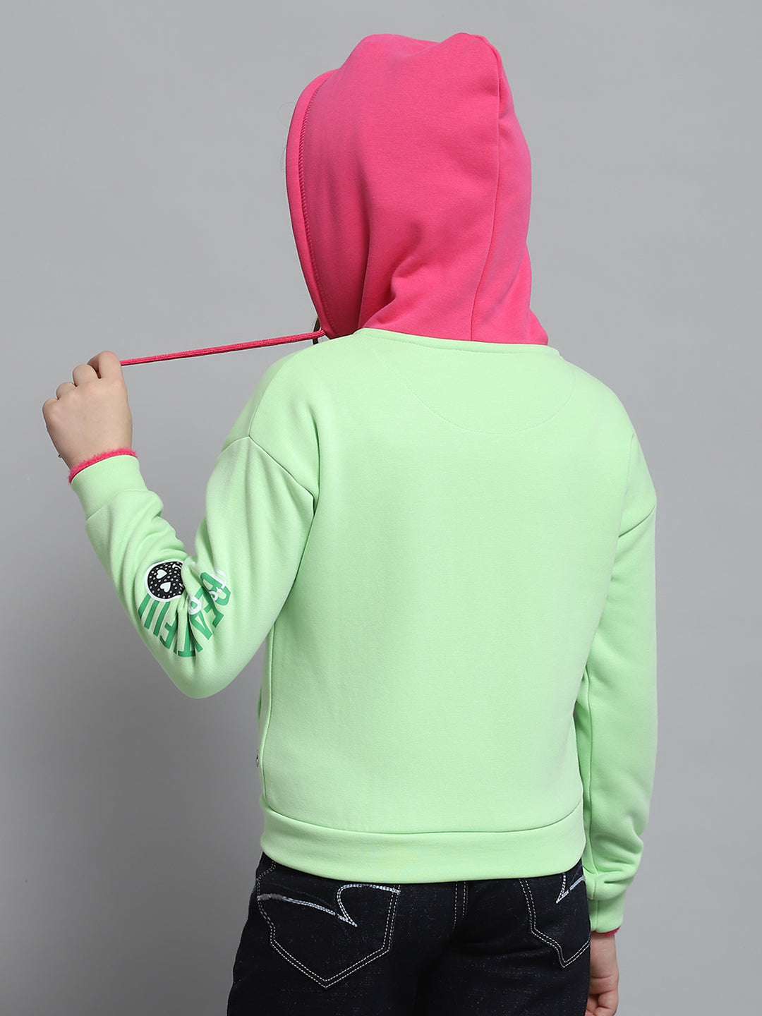 Girls Green Printed Hooded Full Sleeve Sweatshirt