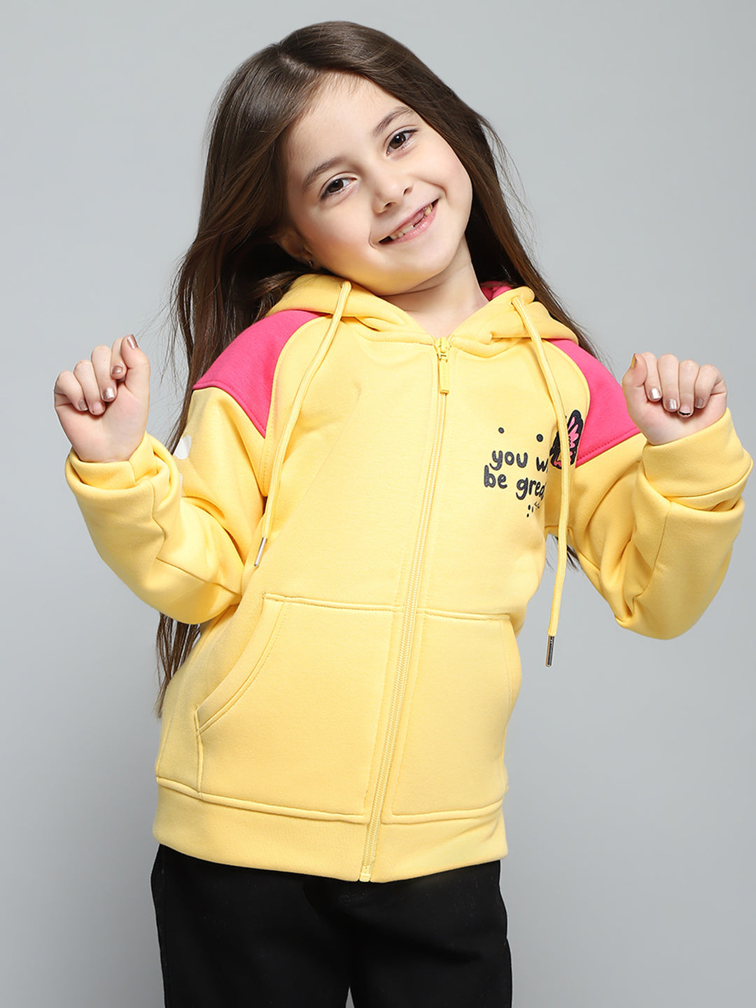 Girls Yellow Printed Hooded Full Sleeve Sweatshirt