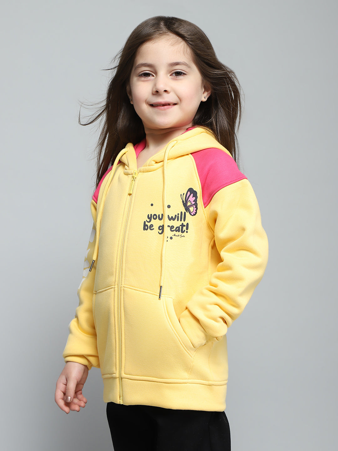 Girls Yellow Printed Hooded Full Sleeve Sweatshirt