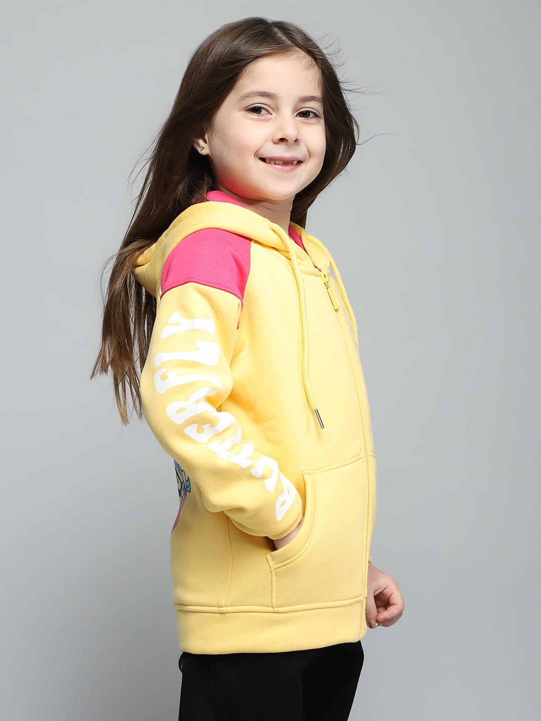 Girls Yellow Printed Hooded Full Sleeve Sweatshirt