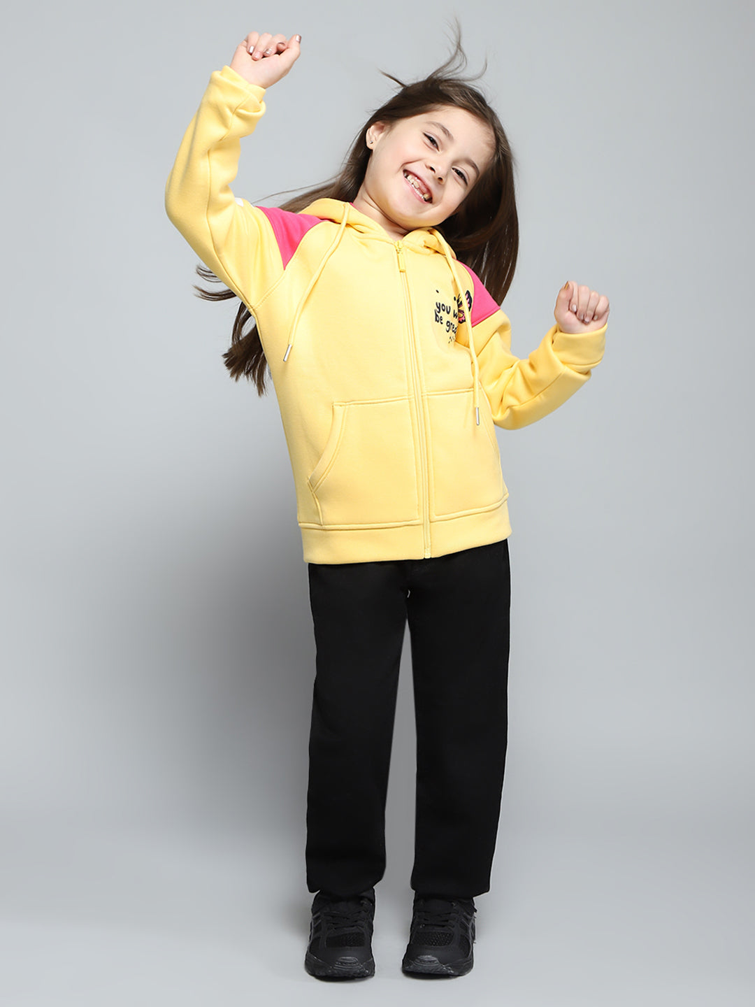 Girls Yellow Printed Hooded Full Sleeve Sweatshirt