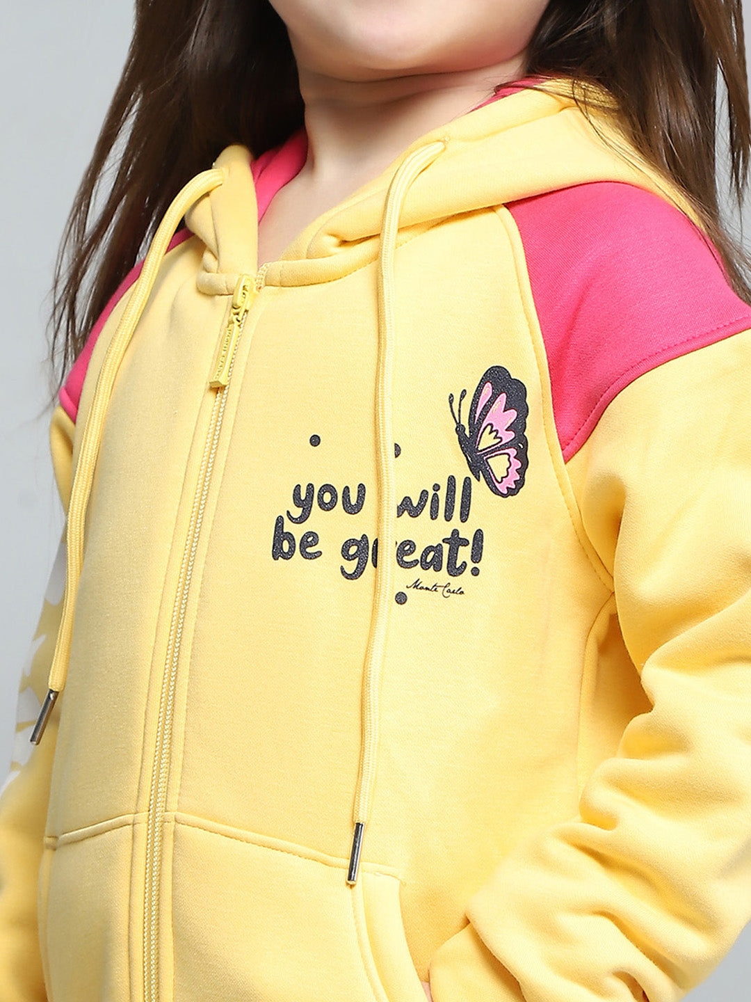 Girls Yellow Printed Hooded Full Sleeve Sweatshirt
