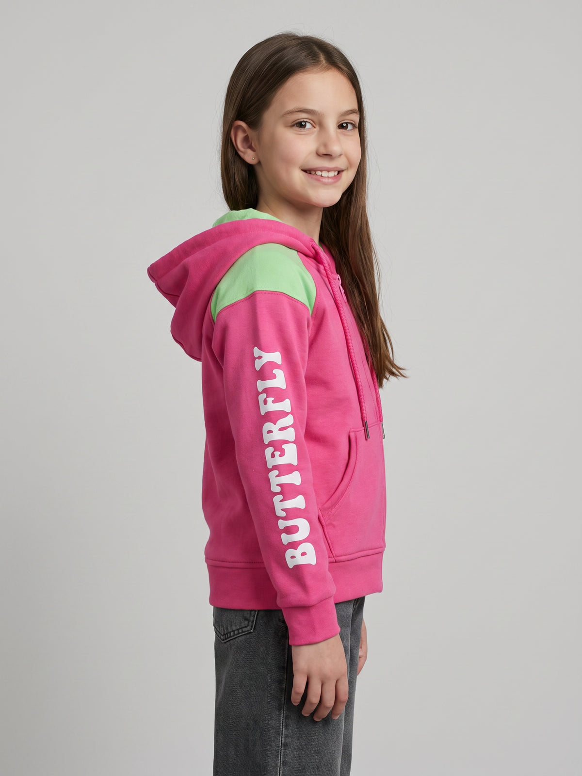 Girls Magenta Printed Hooded Full Sleeve Sweatshirt