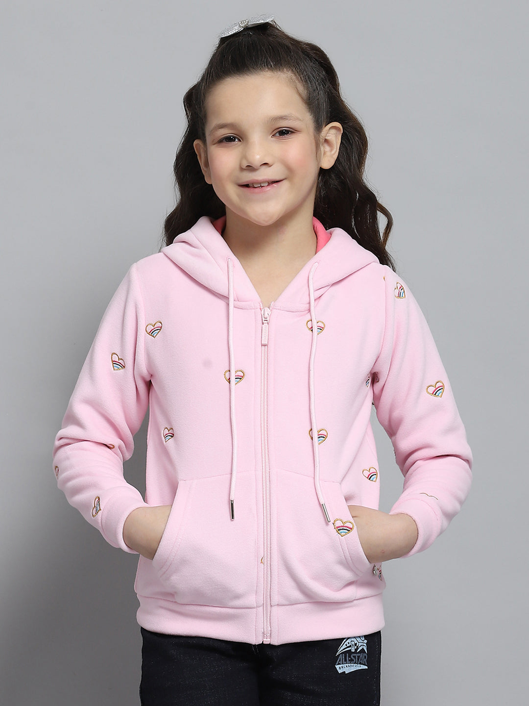 Girls Pink Printed Hooded Full Sleeve Sweatshirt