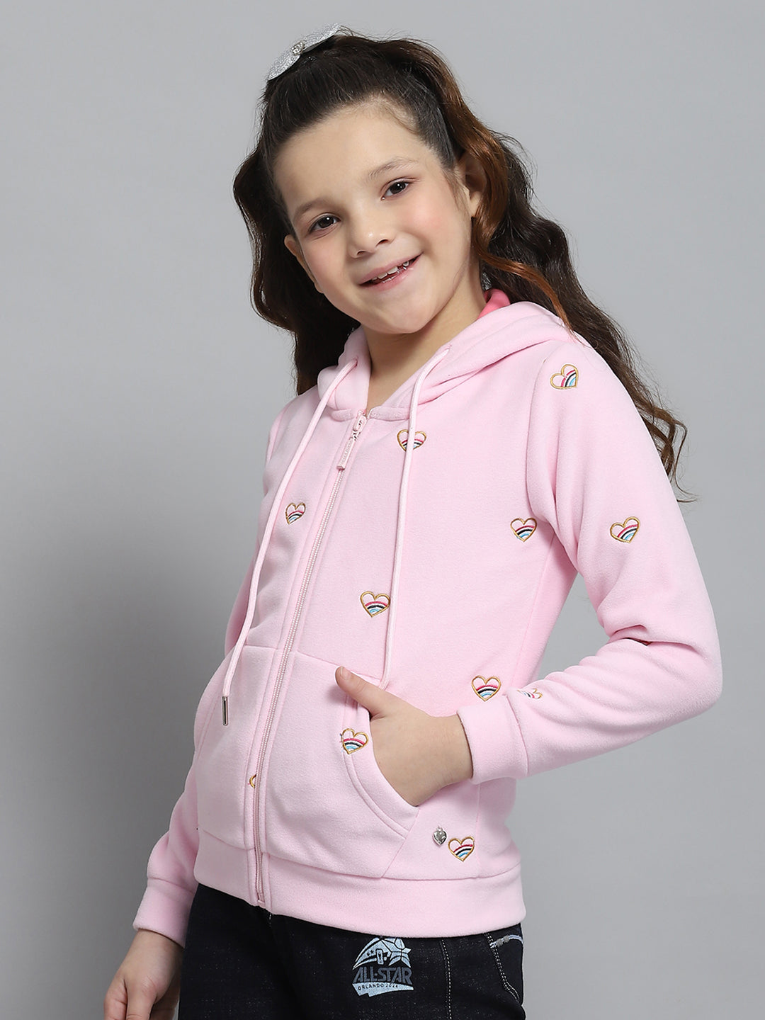 Girls Pink Printed Hooded Full Sleeve Sweatshirt
