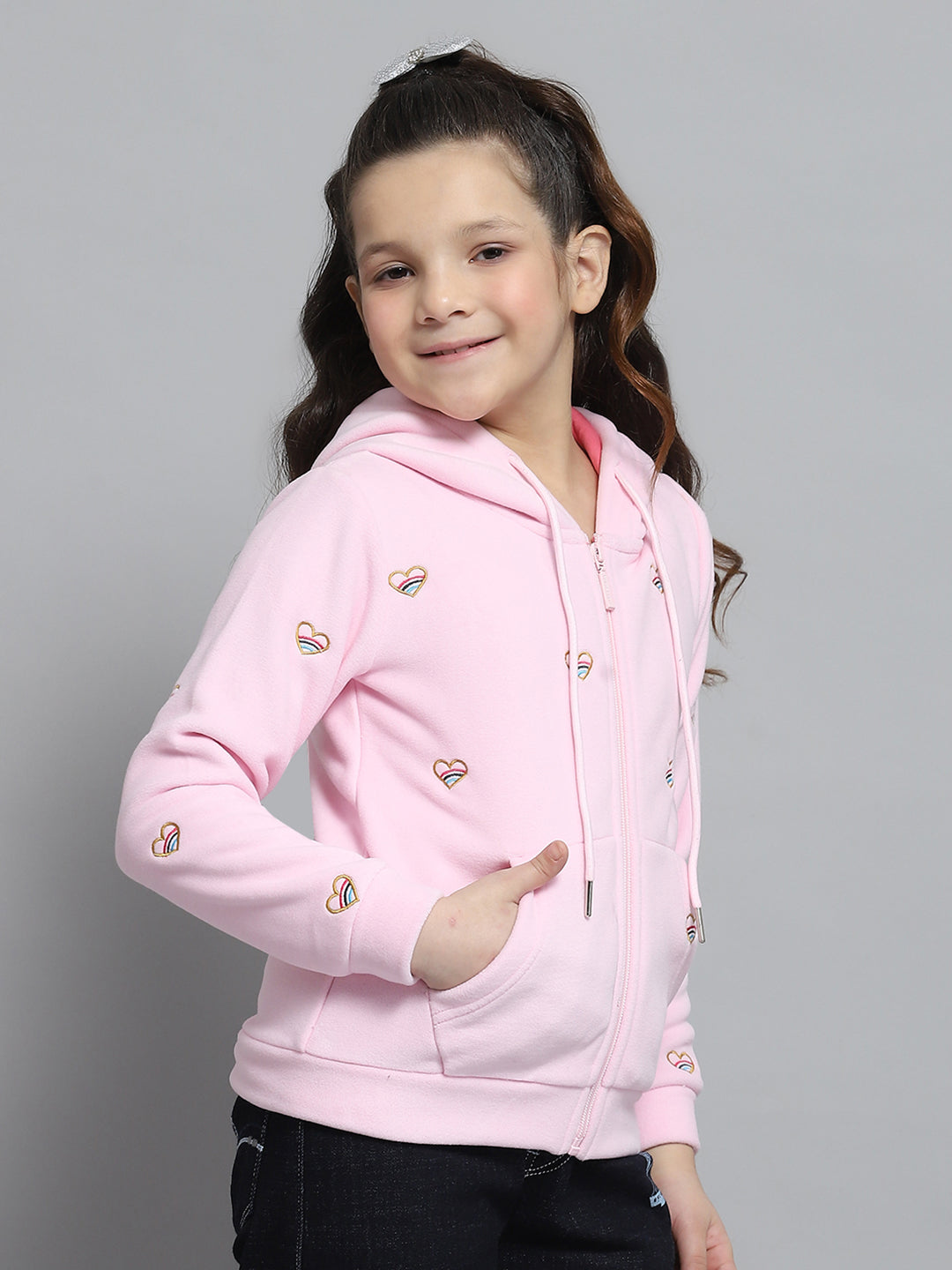 Girls Pink Printed Hooded Full Sleeve Sweatshirt