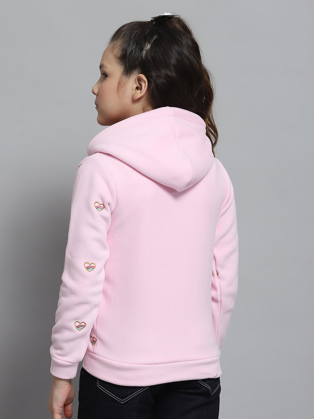 Girls Pink Printed Hooded Full Sleeve Sweatshirt