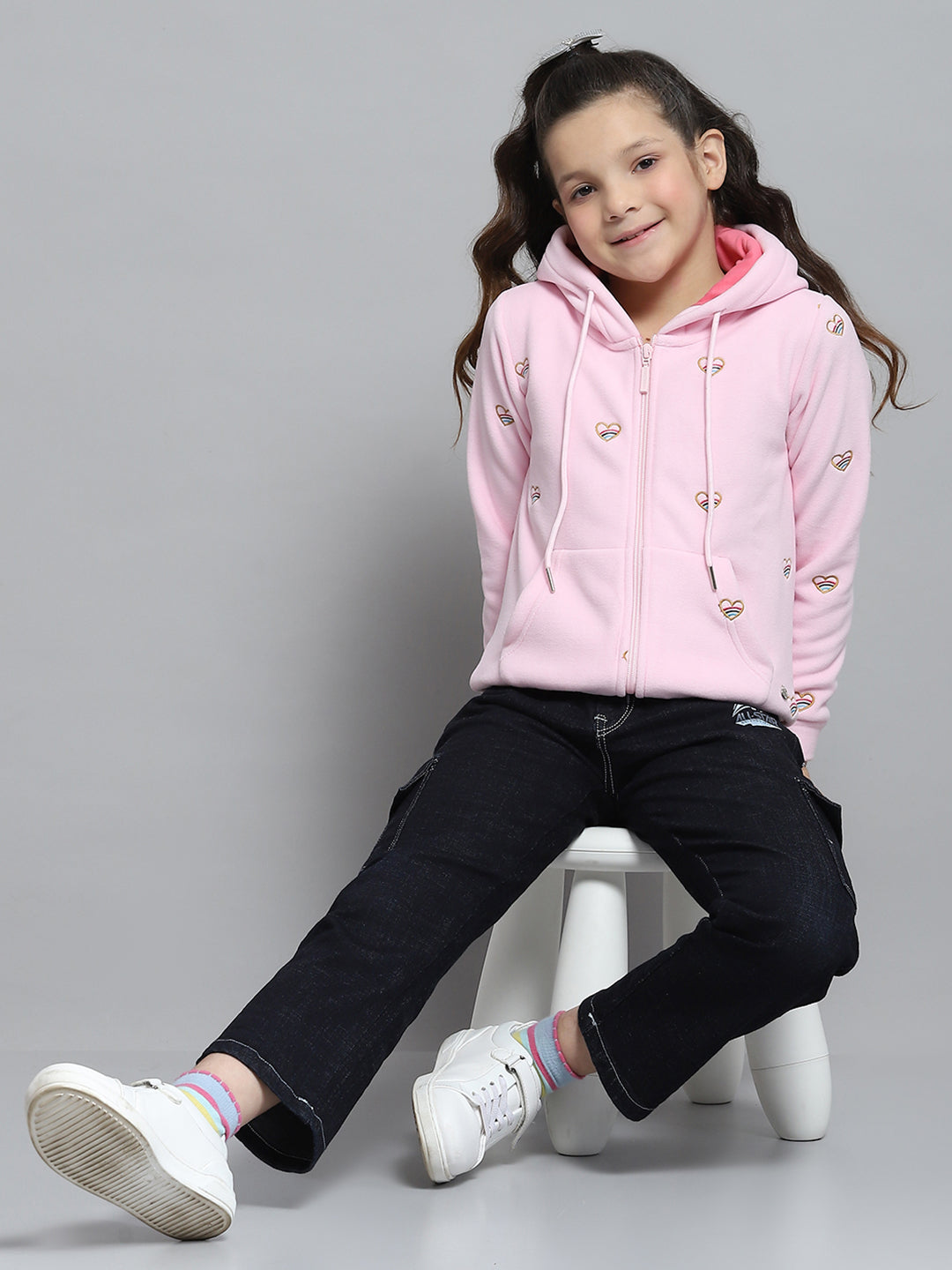 Girls Pink Printed Hooded Full Sleeve Sweatshirt