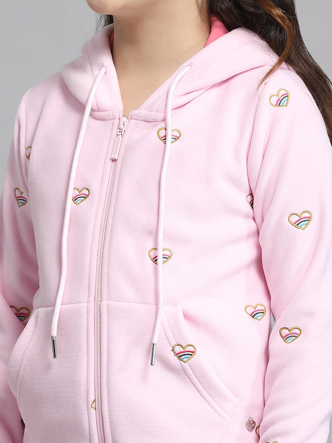 Girls Pink Printed Hooded Full Sleeve Sweatshirt