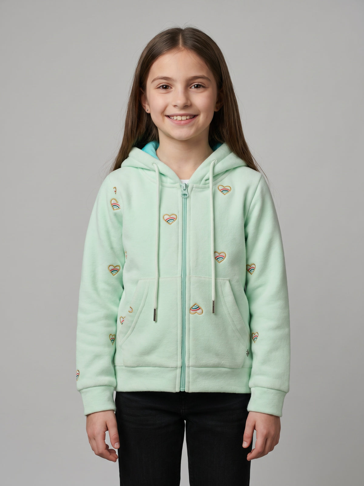 Girls Green Embroidered Hooded Full Sleeve Sweatshirt