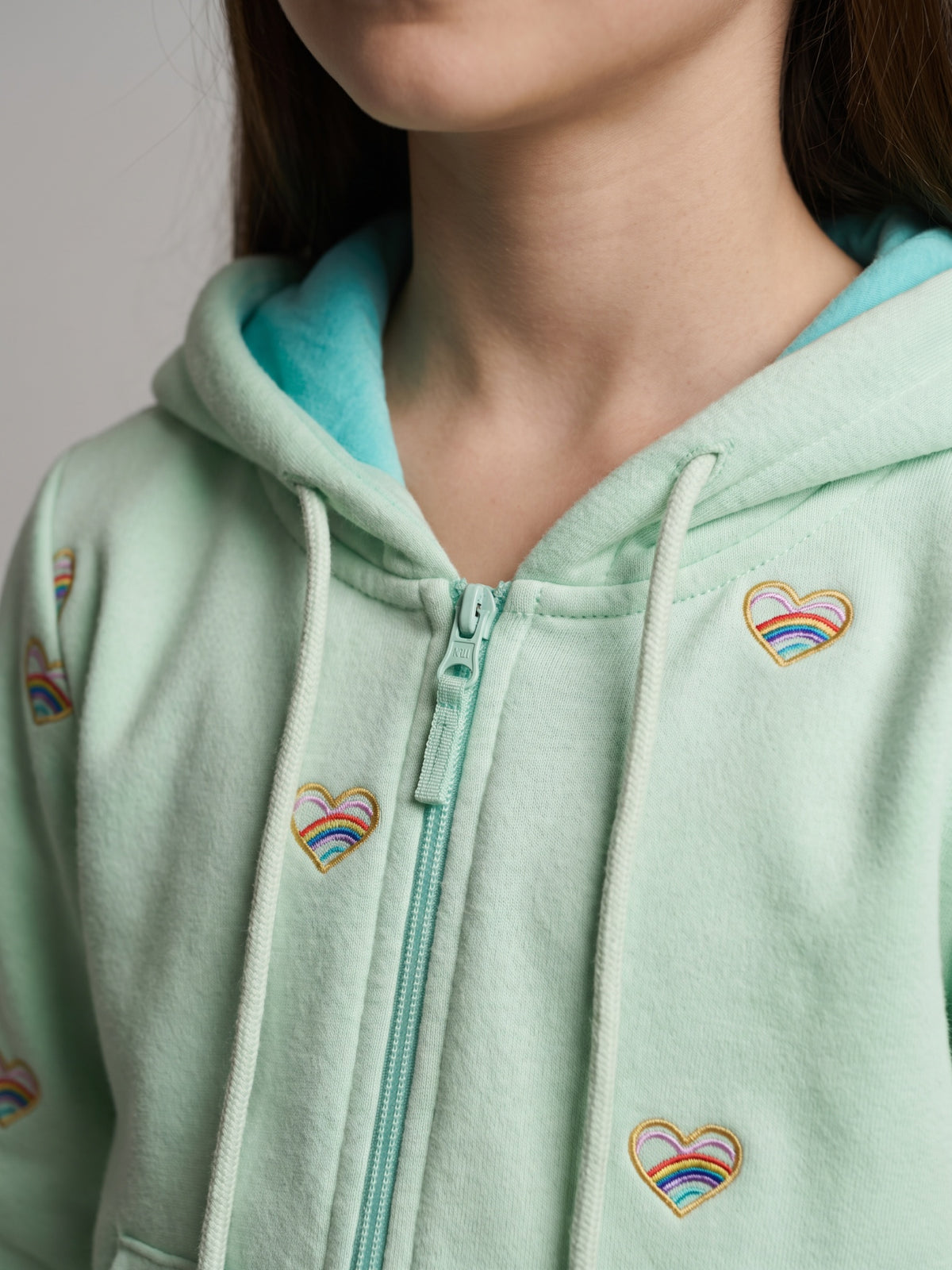 Girls Green Embroidered Hooded Full Sleeve Sweatshirt