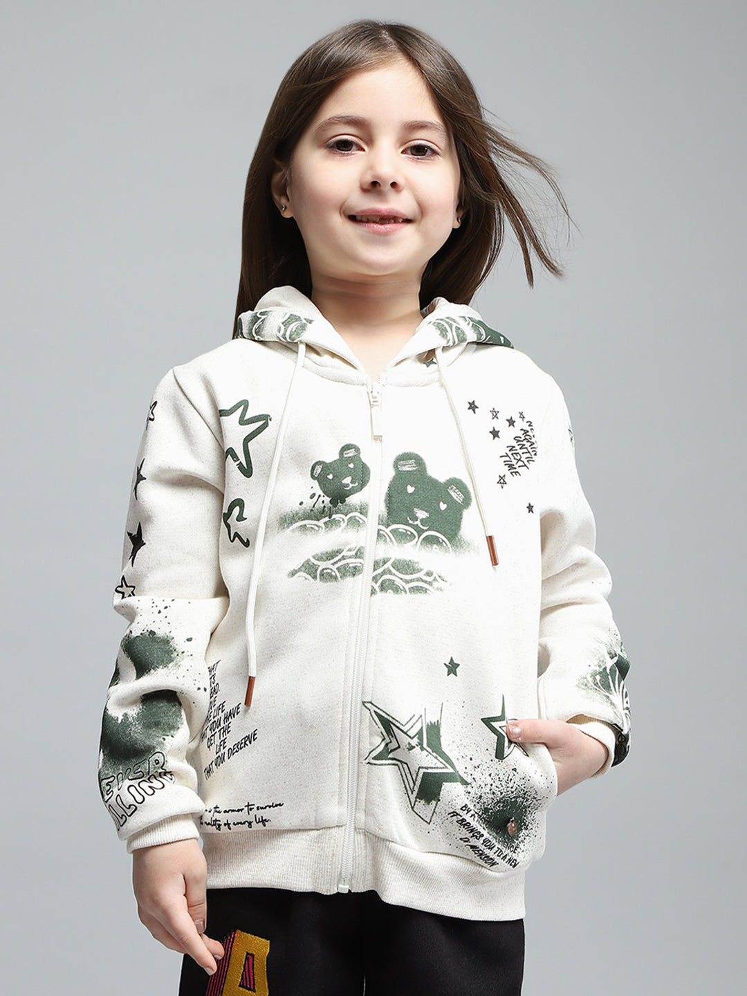 Girls Off White Printed Hooded Full Sleeve Sweatshirt