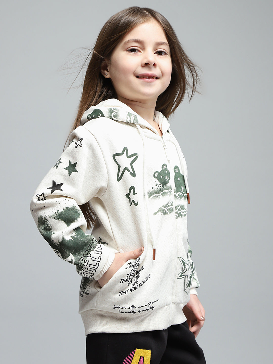 Girls Off White Printed Hooded Full Sleeve Sweatshirt