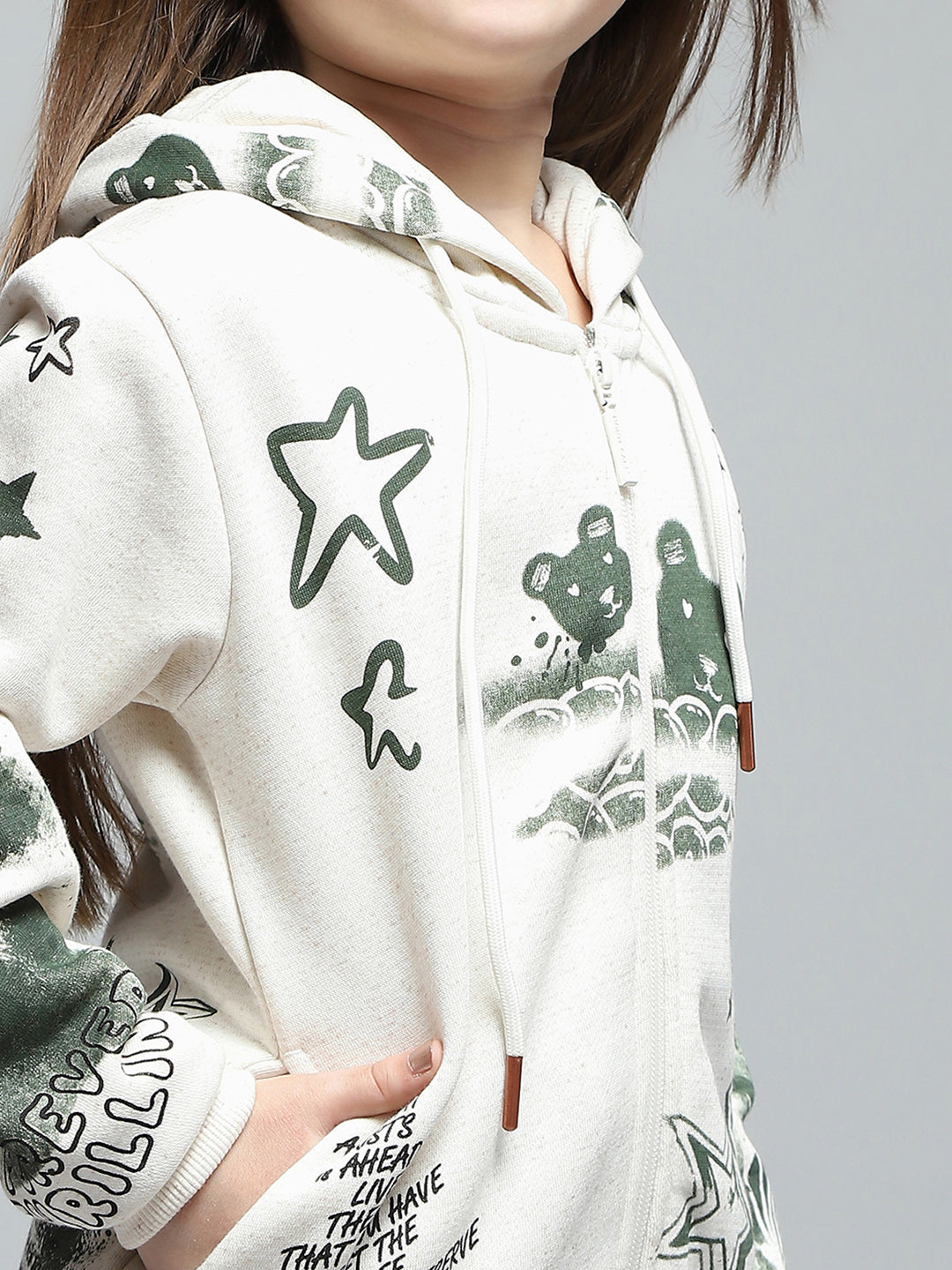 Girls Off White Printed Hooded Full Sleeve Sweatshirt
