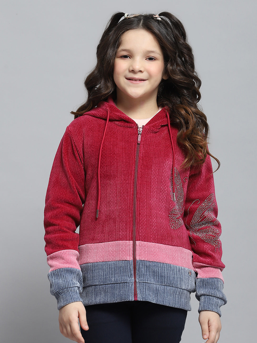 Girls Red Self Design Hooded Full Sleeve Sweatshirt
