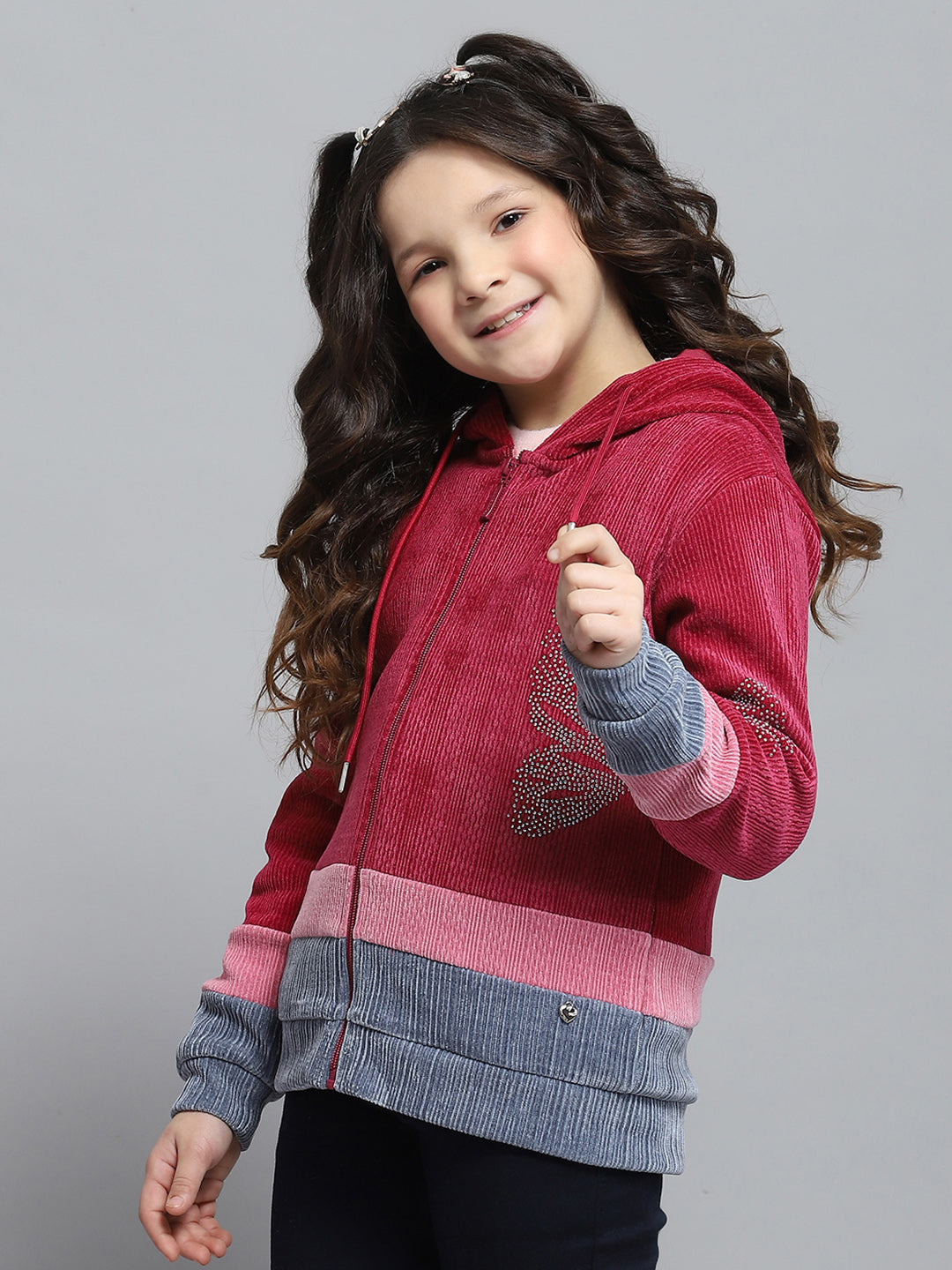 Girls Red Self Design Hooded Full Sleeve Sweatshirt