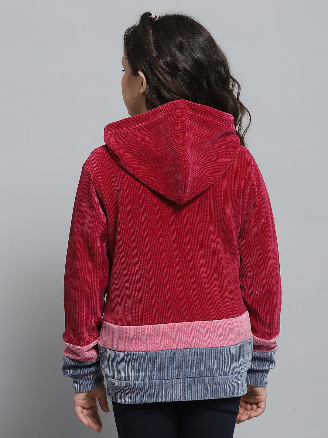 Girls Red Self Design Hooded Full Sleeve Sweatshirt