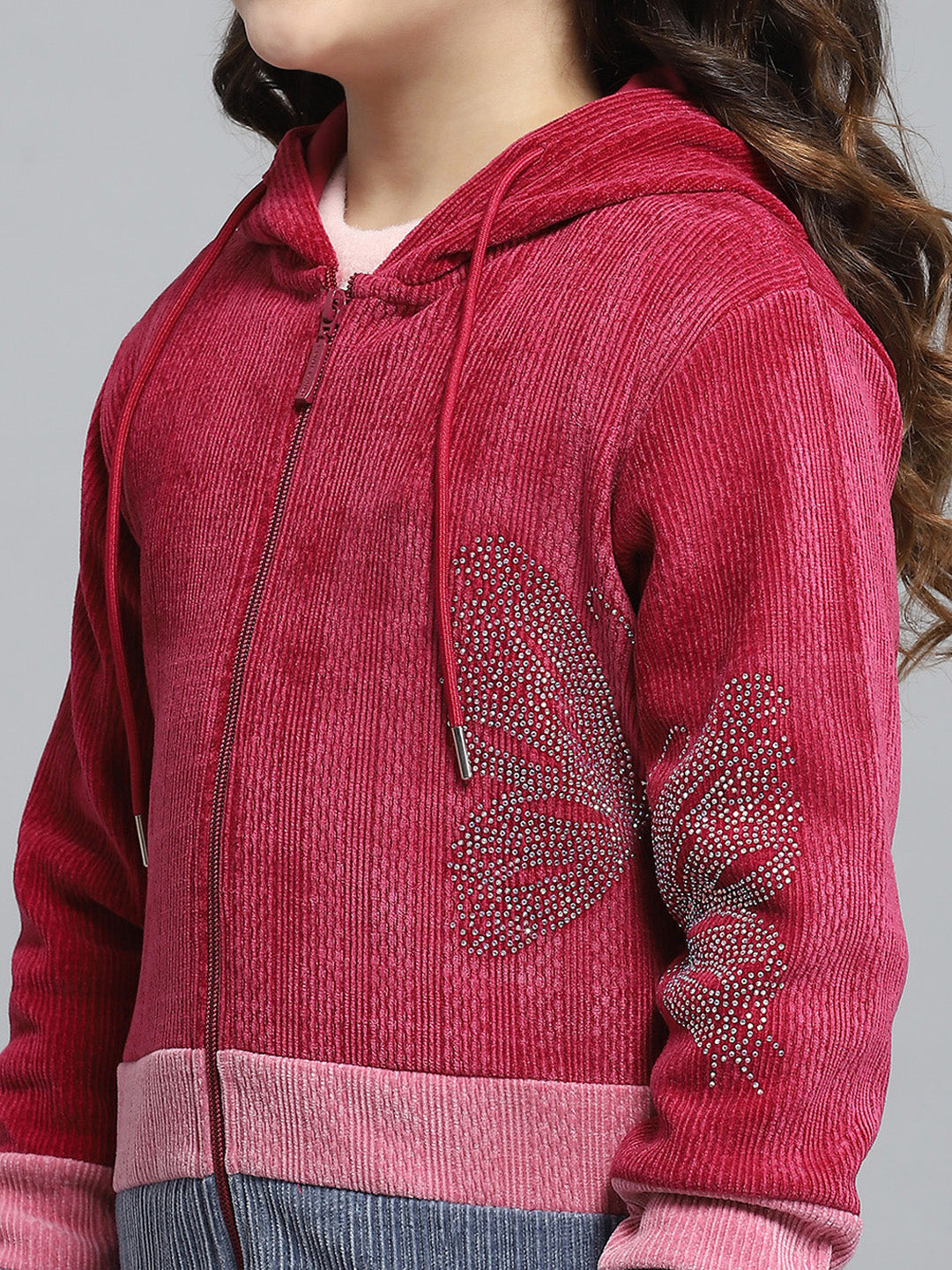 Girls Red Self Design Hooded Full Sleeve Sweatshirt