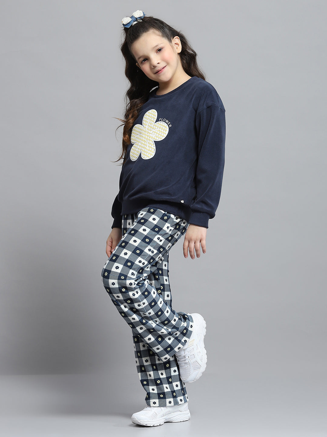 Girls Navy Blue Printed Round Neck Full Sleeve Tracksuit