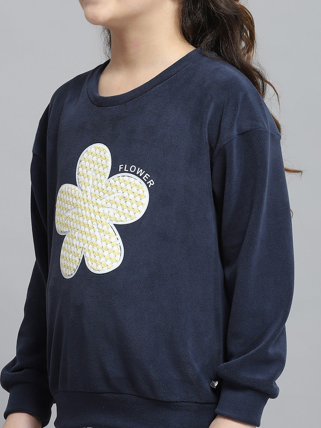 Girls Navy Blue Printed Round Neck Full Sleeve Tracksuit