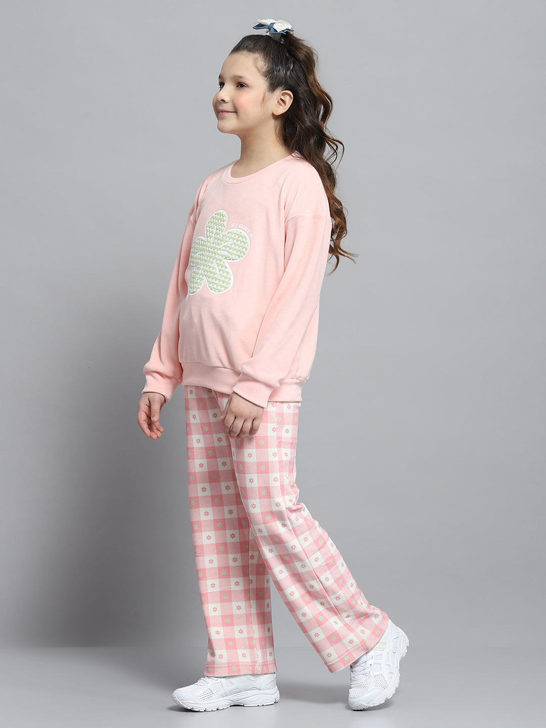 Girls Peach Printed Round Neck Full Sleeve Tracksuit
