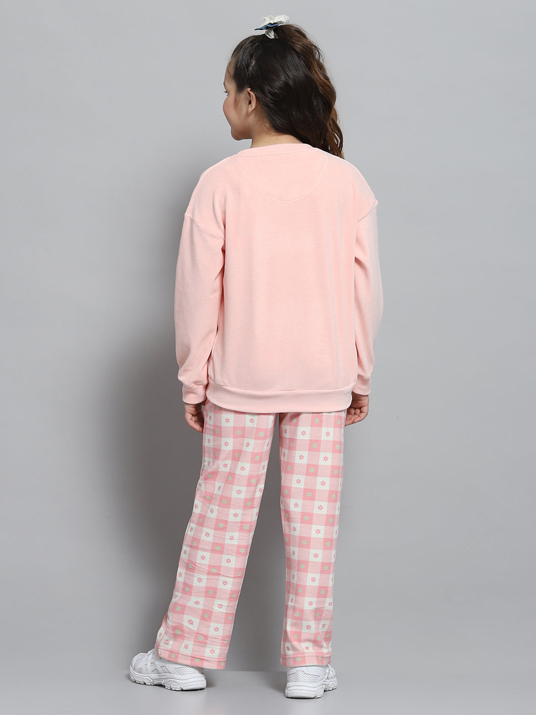 Girls Peach Printed Round Neck Full Sleeve Tracksuit