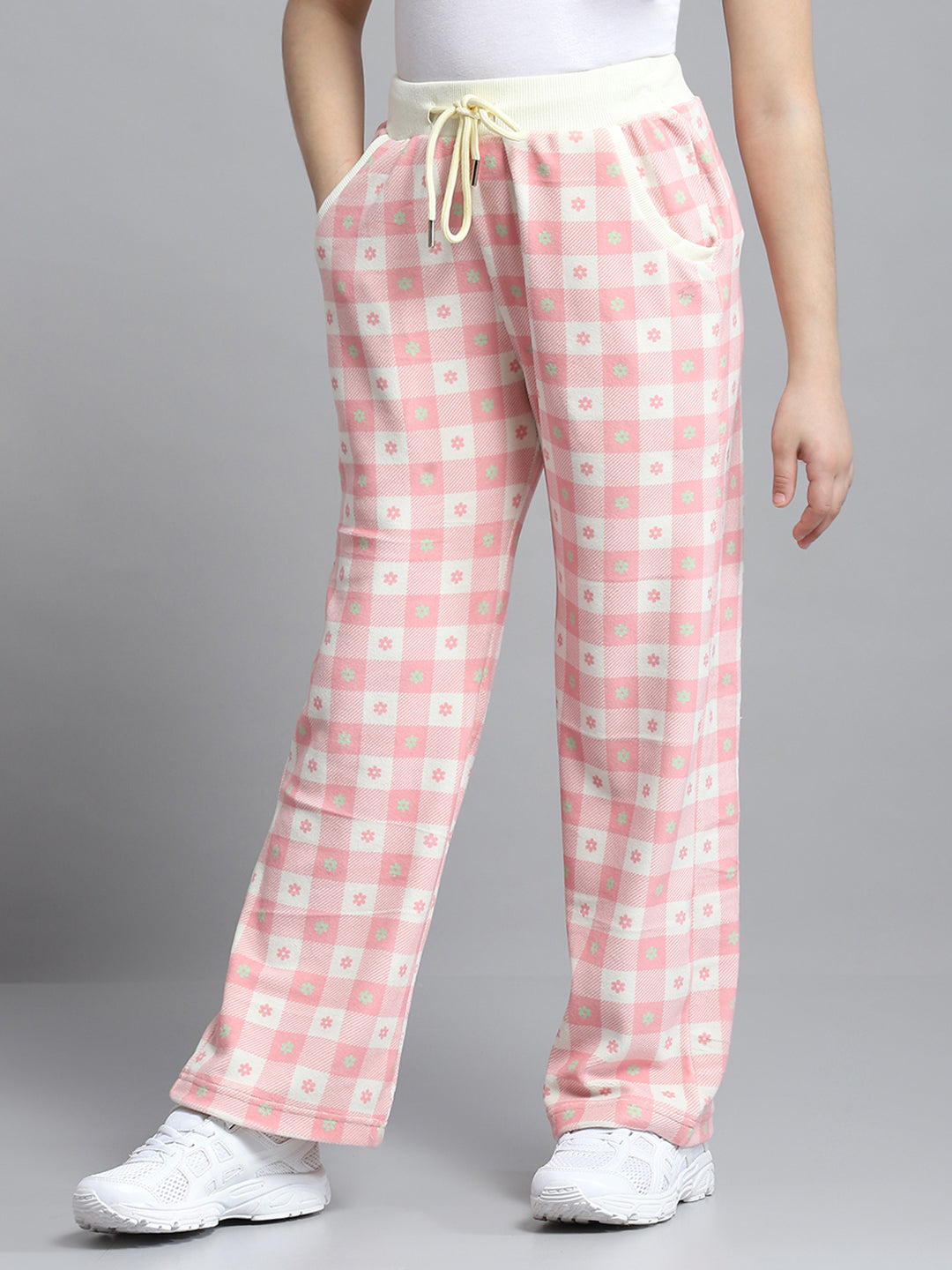 Girls Peach Printed Round Neck Full Sleeve Tracksuit