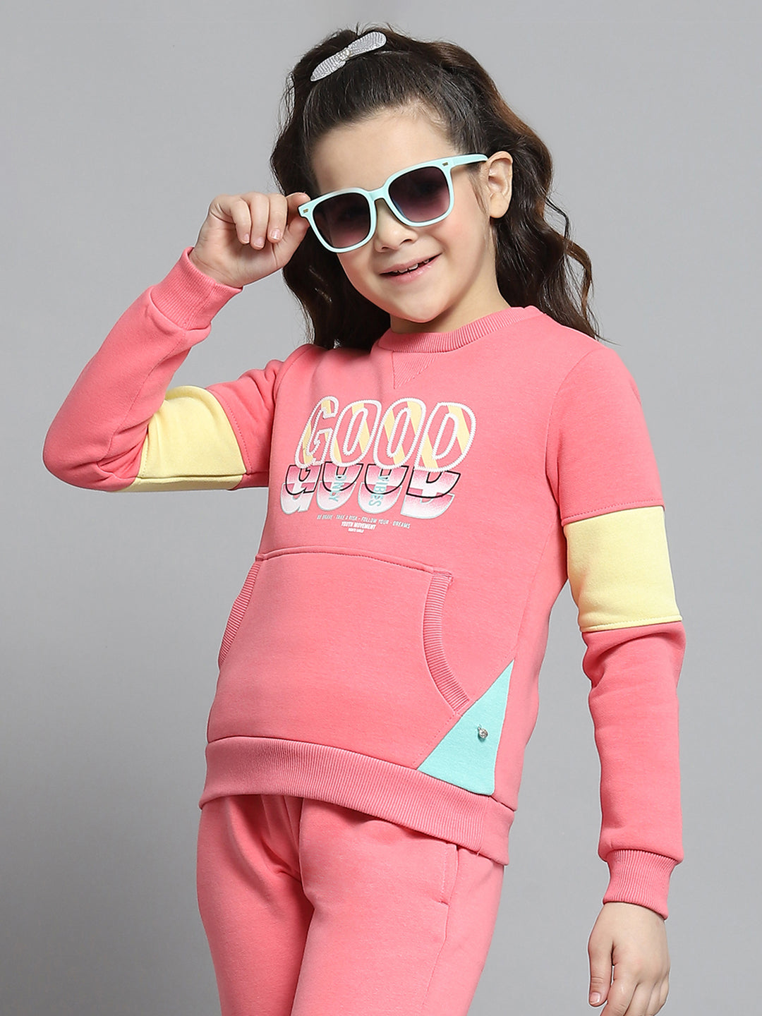 Girls Pink Printed Round Neck Full Sleeve Tracksuit