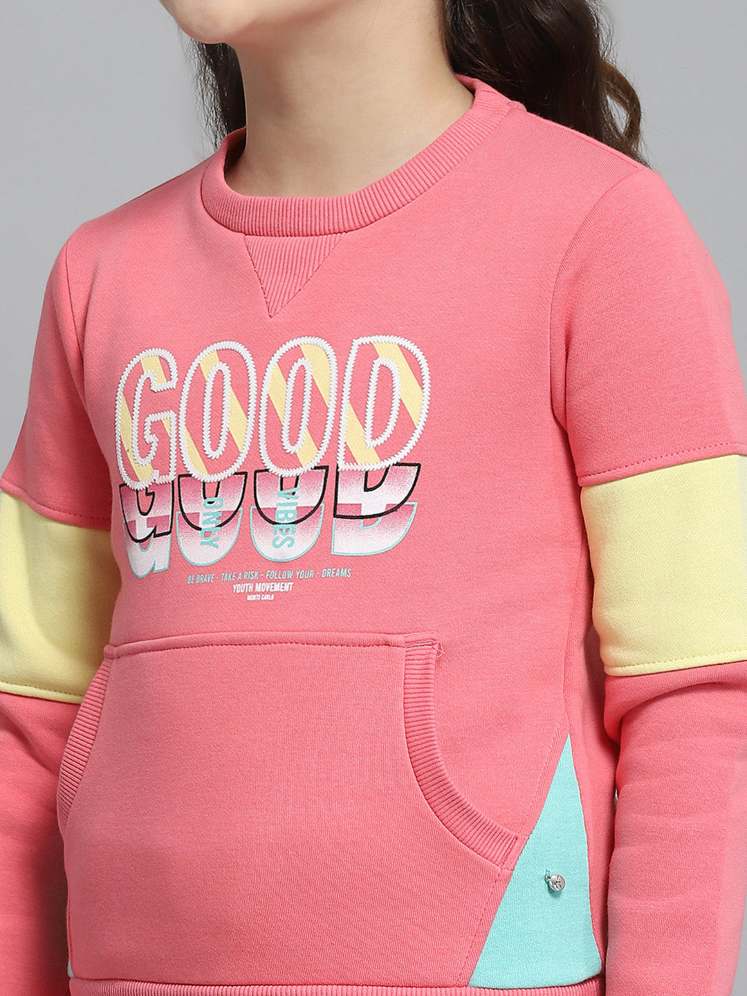 Girls Pink Printed Round Neck Full Sleeve Tracksuit