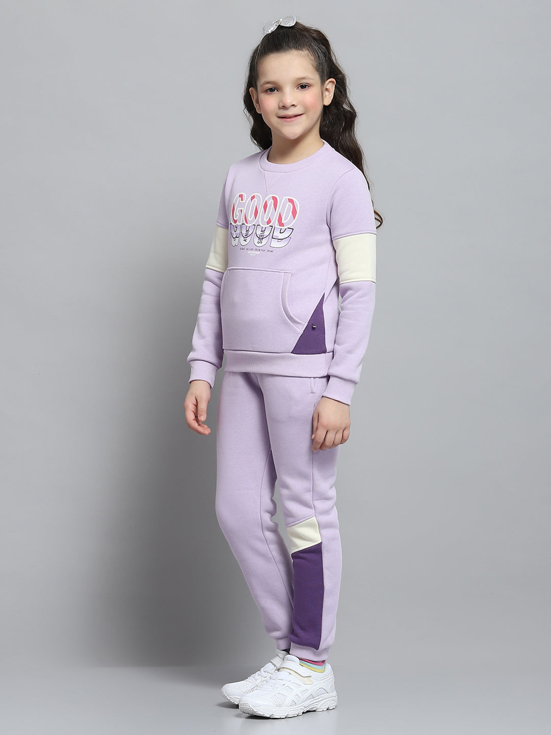 Girls Purple Printed Round Neck Full Sleeve Tracksuit