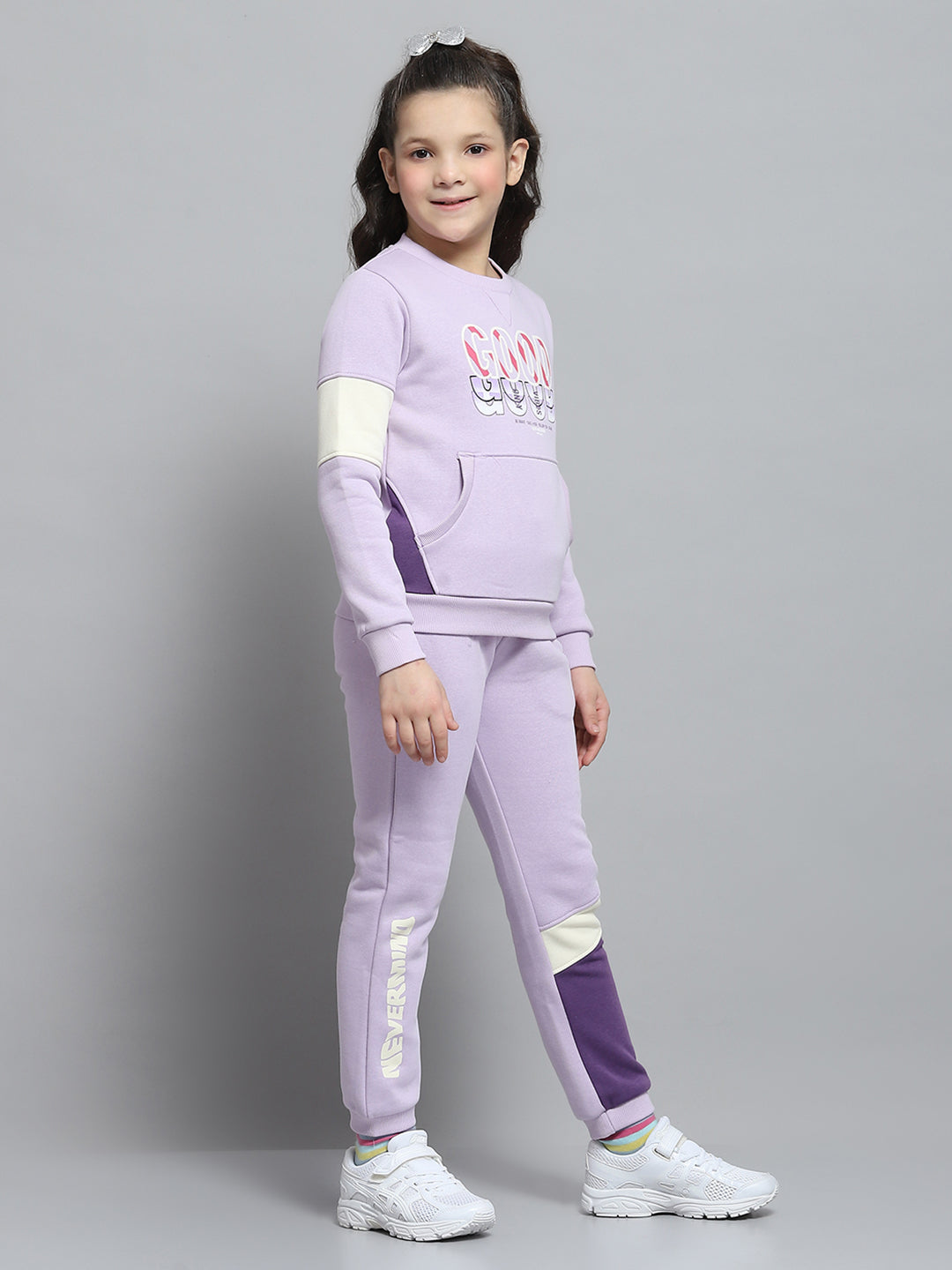 Girls Purple Printed Round Neck Full Sleeve Tracksuit