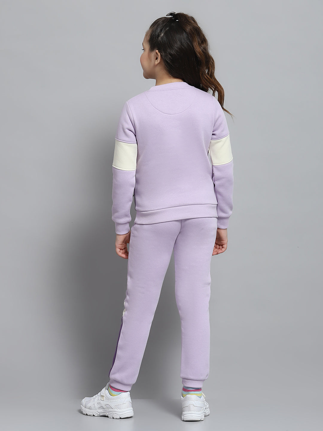 Girls Purple Printed Round Neck Full Sleeve Tracksuit