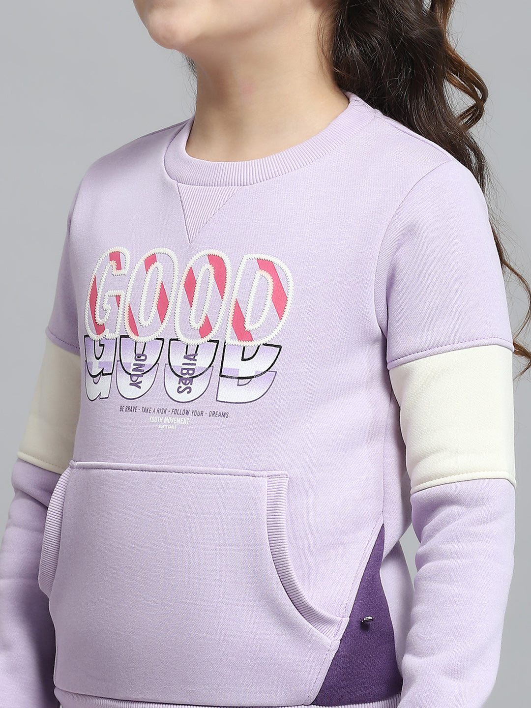 Girls Purple Printed Round Neck Full Sleeve Tracksuit
