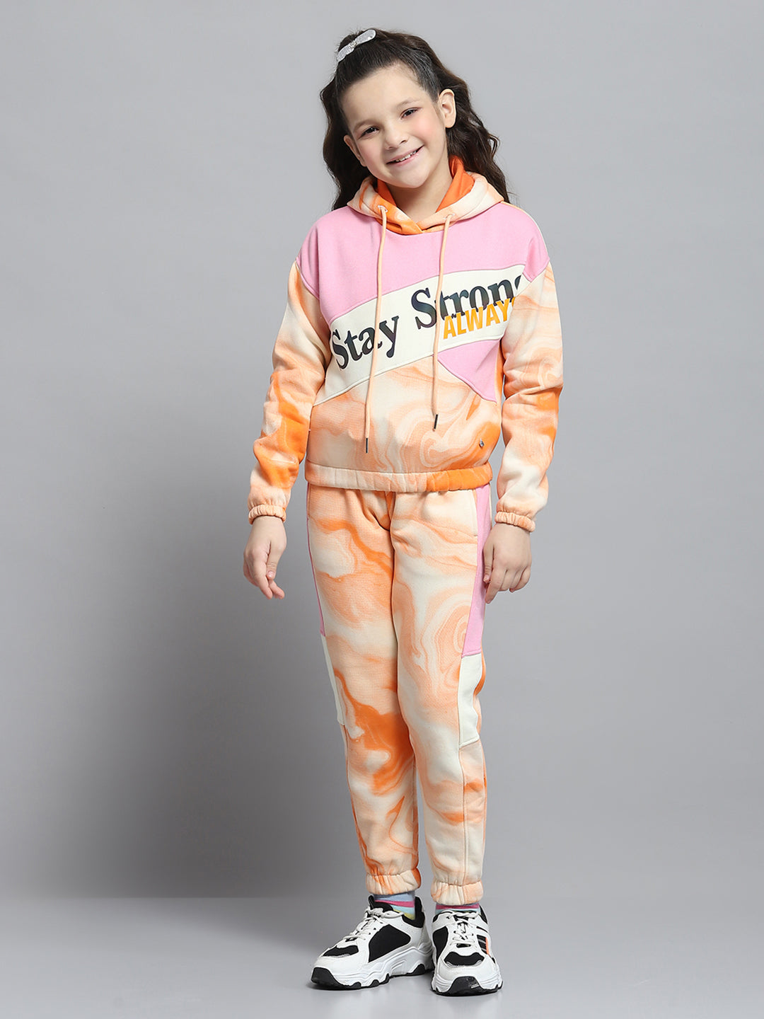 Girls Pink Printed Hooded Full Sleeve Tracksuit