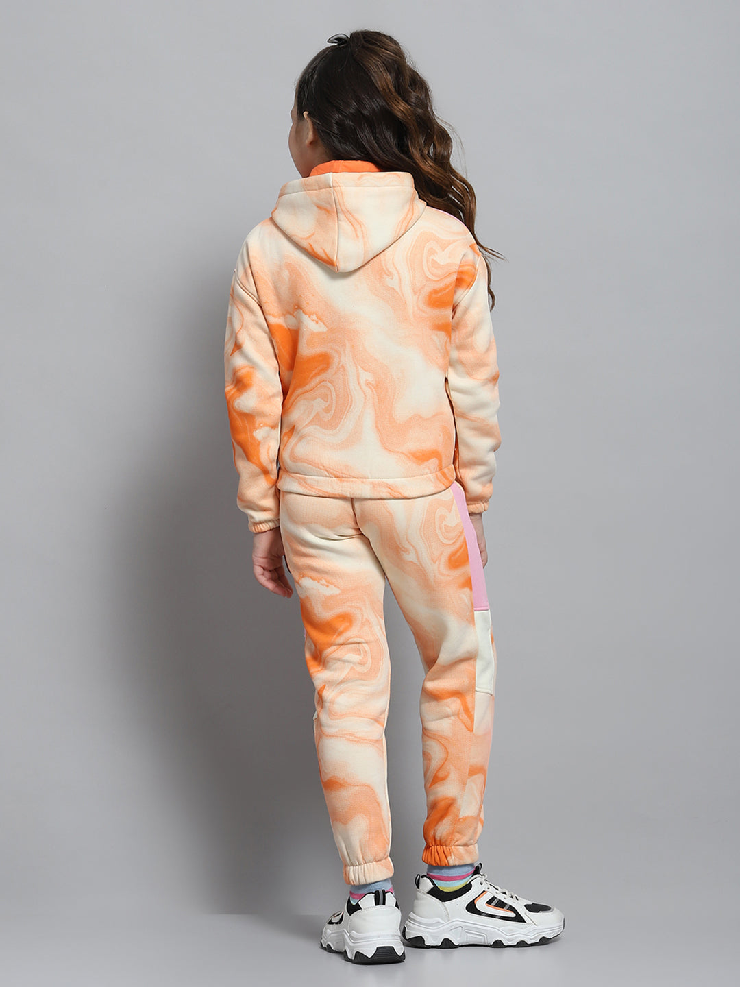 Girls Pink Printed Hooded Full Sleeve Tracksuit