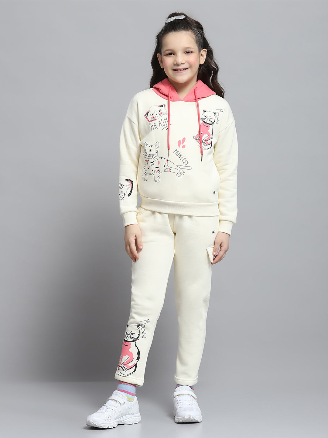Girls Off White Printed Hooded Full Sleeve Tracksuit