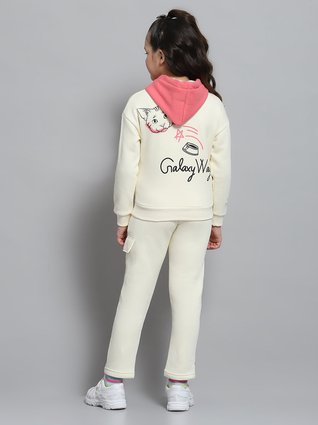 Girls Off White Printed Hooded Full Sleeve Tracksuit