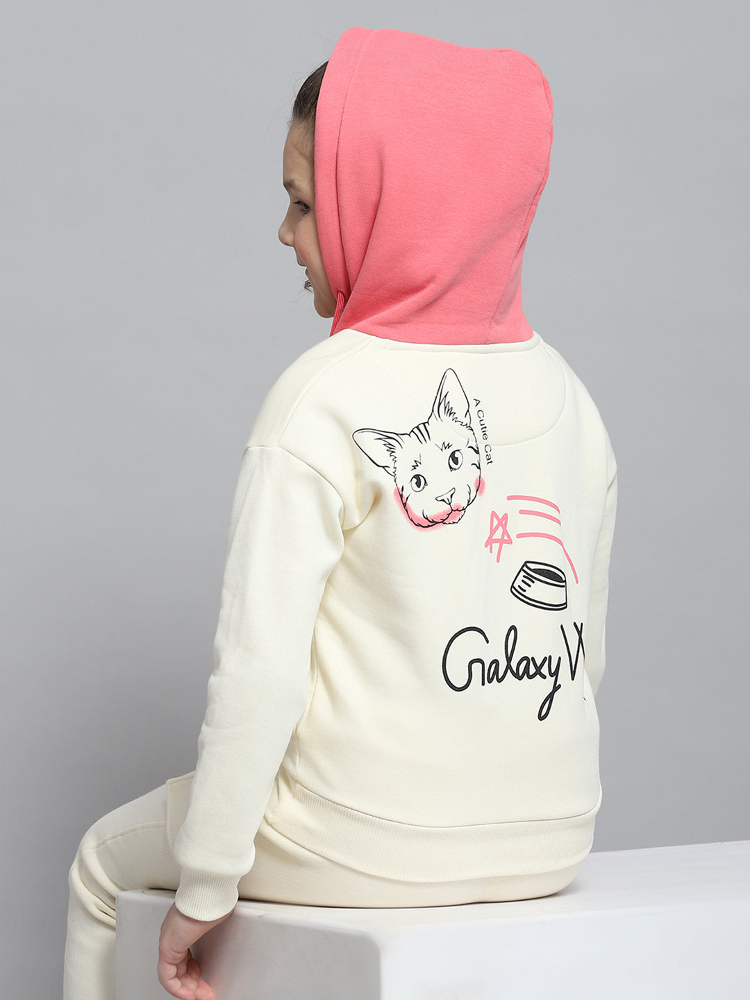 Girls Off White Printed Hooded Full Sleeve Tracksuit