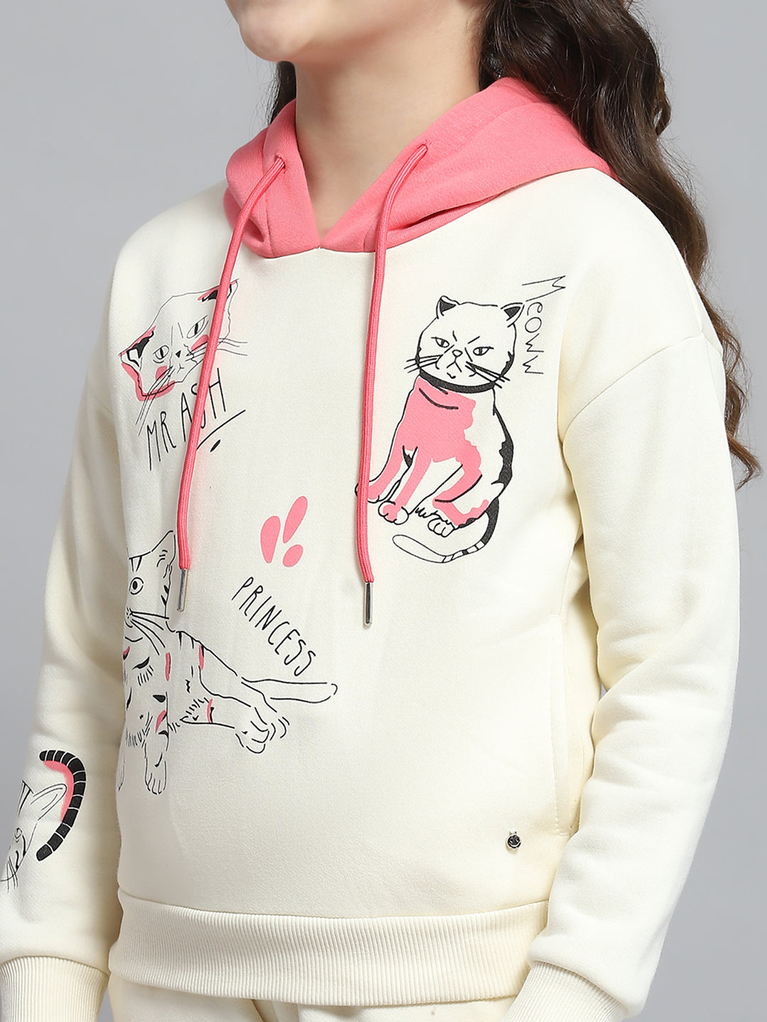 Girls Off White Printed Hooded Full Sleeve Tracksuit