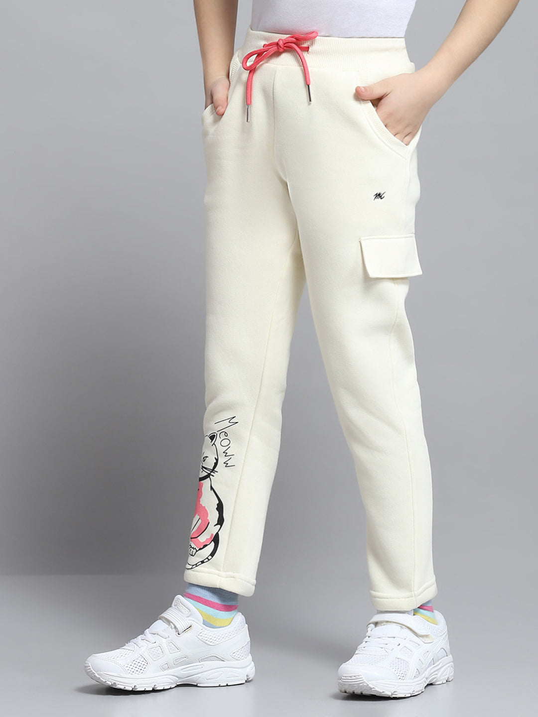 Girls Off White Printed Hooded Full Sleeve Tracksuit