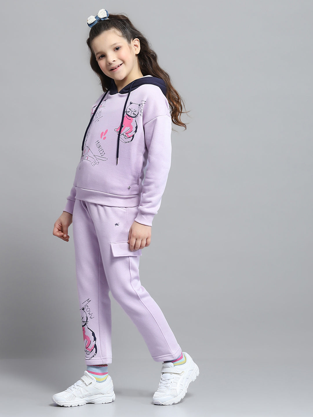 Girls Purple Printed Hooded Full Sleeve Tracksuit